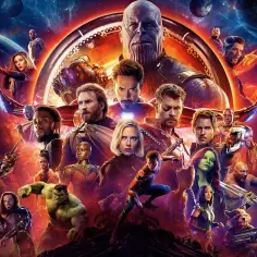 Plakat z filmów Marvel: Thanos, Iron Man, Kapitan Ameryka, Thor, Hulk i inni bohaterowie walczą o przyszłość wszechświata.