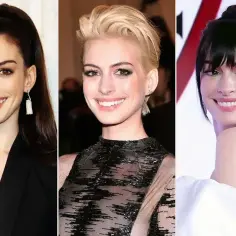 Trzy uśmiechnięte twarze Anne Hathaway w różnych fryzurach i stylizacjach. Wyobraź sobie, że to jej dzieci patrzą na nią z podziwem.
