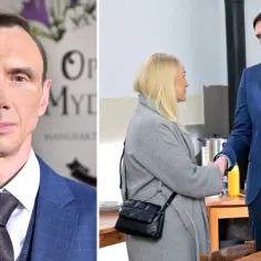 Mężczyzna w niebieskiej marynarce, być może mąż Anny Ilczuk, wita się z kobietą.