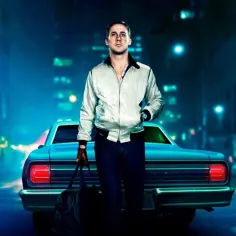 Ryan Gosling w filmie "Drive" stoi obok błękitnego samochodu w nocnym mieście.