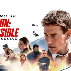 Plakat filmu "Mission: Impossible - Dead Reckoning" z Tomem Cruisem w roli głównej. W tle dynamiczne sceny akcji i inni bohaterowie.