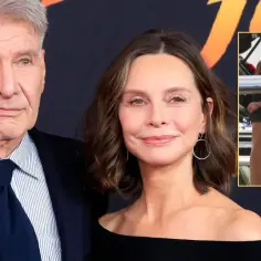 Harrison Ford i jego żona, Calista Flockhart, na premierze. W małym okienku widać ich czule obejmujących się.