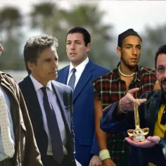Adam Sandler w swoich kultowych rolach z filmów. Widzimy go w różnych stylizacjach, od eleganckiego garnituru po luźniejszy strój z naszyjnikiem.