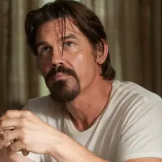 Josh Brolin w białej koszulce, z charakterystyczną brodą, wygląda jak postać z jednego z jego filmów.