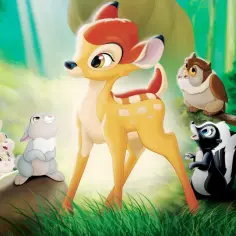 Bambi, urocza bajka o przyjaźni. Bambi, zając, skunks i sowa w leśnej scenerii.
