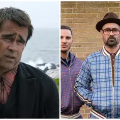 Colin Farrell w filmach: zamyślony na tle morza i w stylowej kurtce w kratę z kolegami.