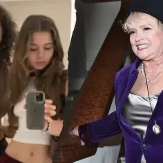 Katarzyna Figura z córkami. Dwie młode kobiety pozują do selfie, obok uśmiechnięta aktorka w fioletowej marynarce.