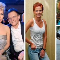 Cezary Pazura z żoną na zdjęciach. Widać jego żonę w różnych stylizacjach, od eleganckiej sukni po bikini na plaży.