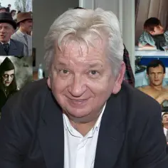 Portret Juliusza Machulskiego otoczony kadr z jego filmów: wampiry, mężczyźni w wannie, sceny z "Seksmisji" i inne.