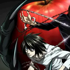 Light i L w otoczeniu łańcuchów, z gigantycznym jabłkiem w tle, symbolizującym ich walkę w świecie Death Note.