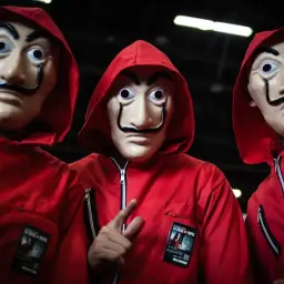 Trzy osoby w czerwonych kombinezonach i maskach Dalego, jak z serialu "La Casa de Papel". Palermo w centrum pokazuje palcem.