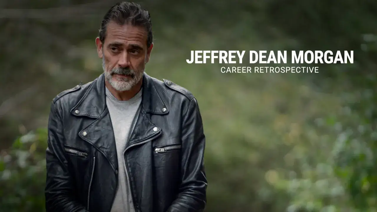 Jeffrey Dean Morgan w skórzanej kurtce, z siwą brodą. Podziwiaj jego filmy, seriale i programy w retrospektywie kariery.