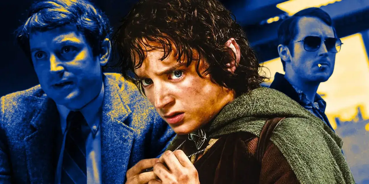 Elijah Wood w filmach: Frodo Baggins, a obok niego postacie z innych jego ról.