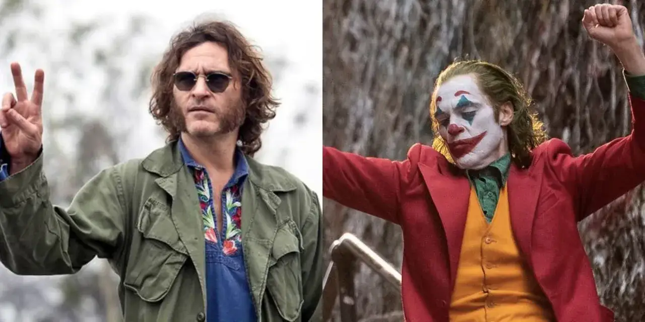 Joaquin Phoenix w filmach: z gestem pokoju w zielonej kurtce i jako Joker w czerwonym garniturze.