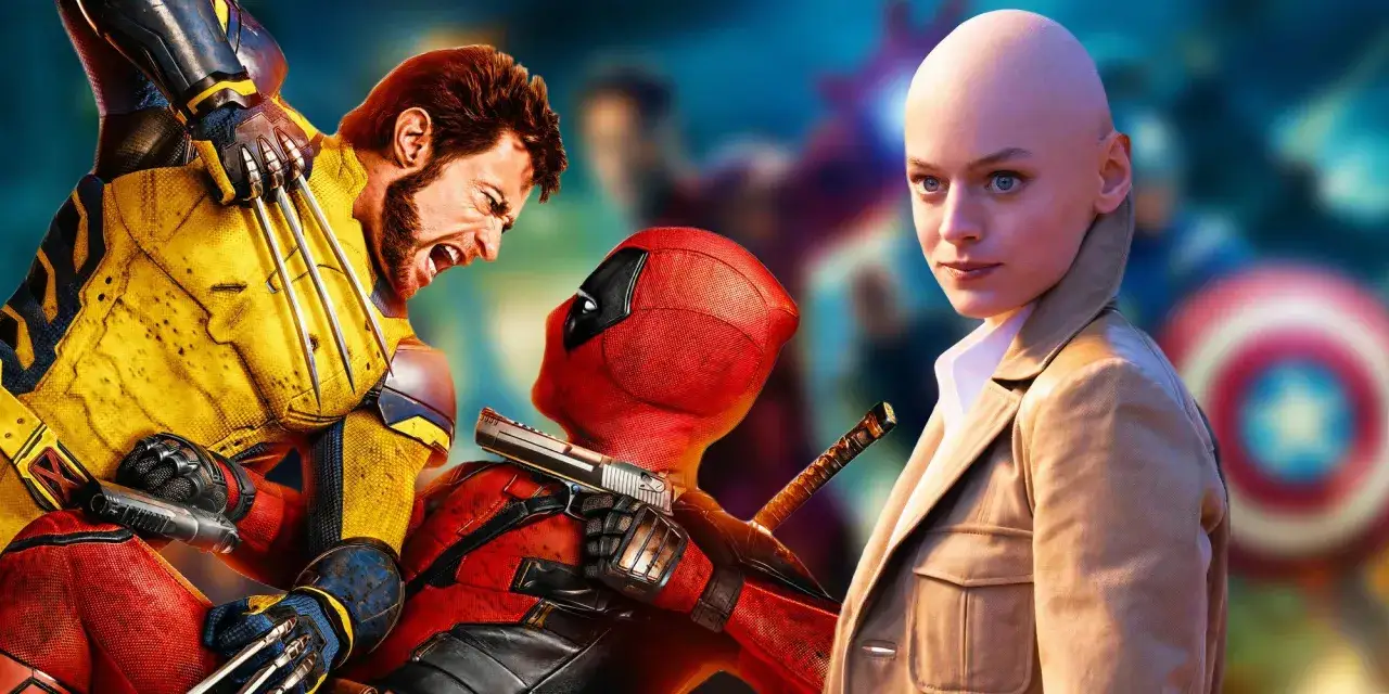 Wolverine atakuje Deadpoola, a obok nich stoi łysa dziewczyna. Zapowiedź obsady Deadpool & Wolverine.