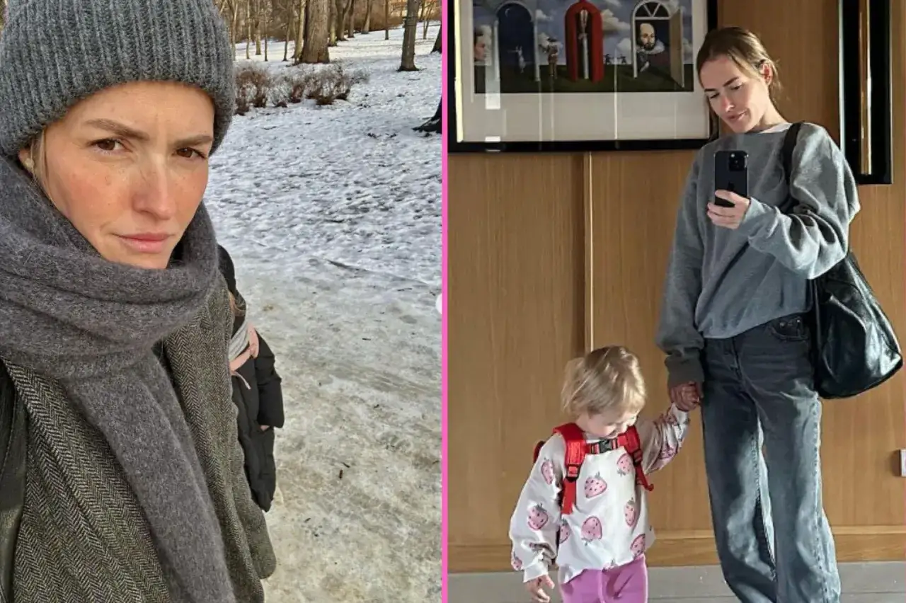 Olga Frycz z dziećmi w zimowym parku i w domu.