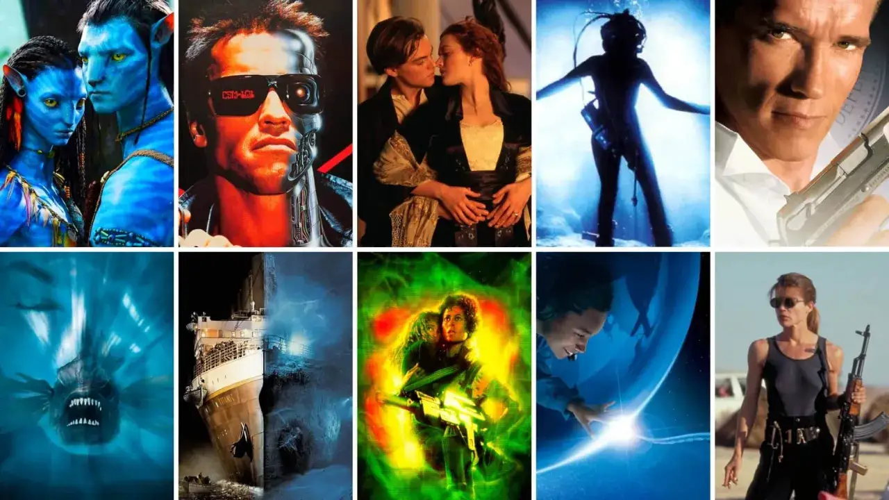 Kolaż z kadrów z filmów Jamesa Camerona: Avatar, Terminator, Titanic, The Abyss, Obcy, Prawdziwe kłamstwa.