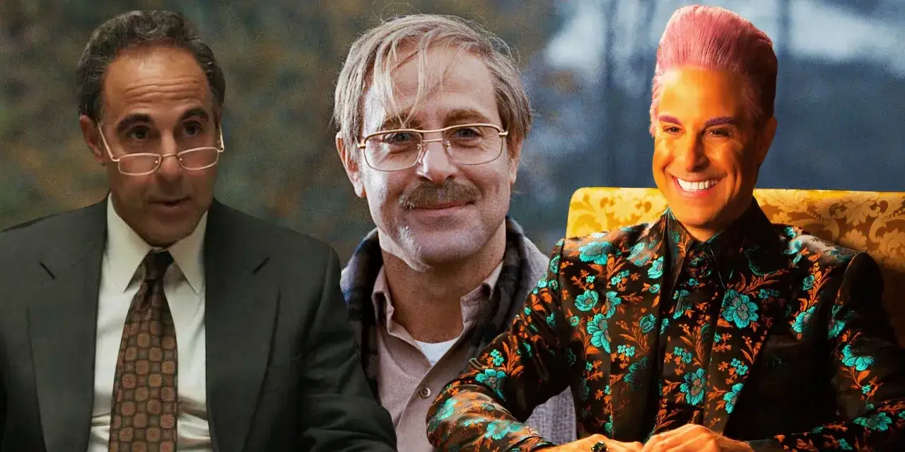 Trzy wcielenia Stanleya Tucciego: w garniturze, z wąsem i w ekstrawaganckim stroju. Jego filmy, seriale i programy to prawdziwa uczta dla widza.