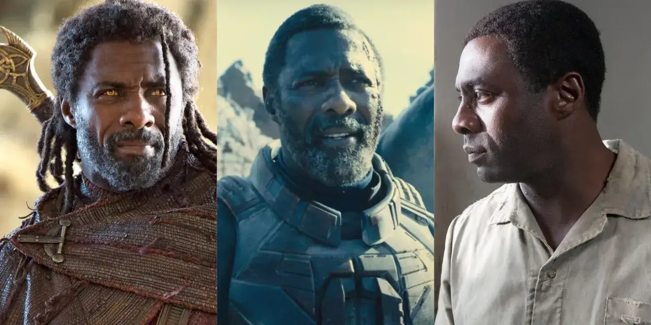 Idris Elba w rolach z filmów i seriali: Heimdall z Thora, Bloodsport z Legionu Samobójców i postać z Luthera.