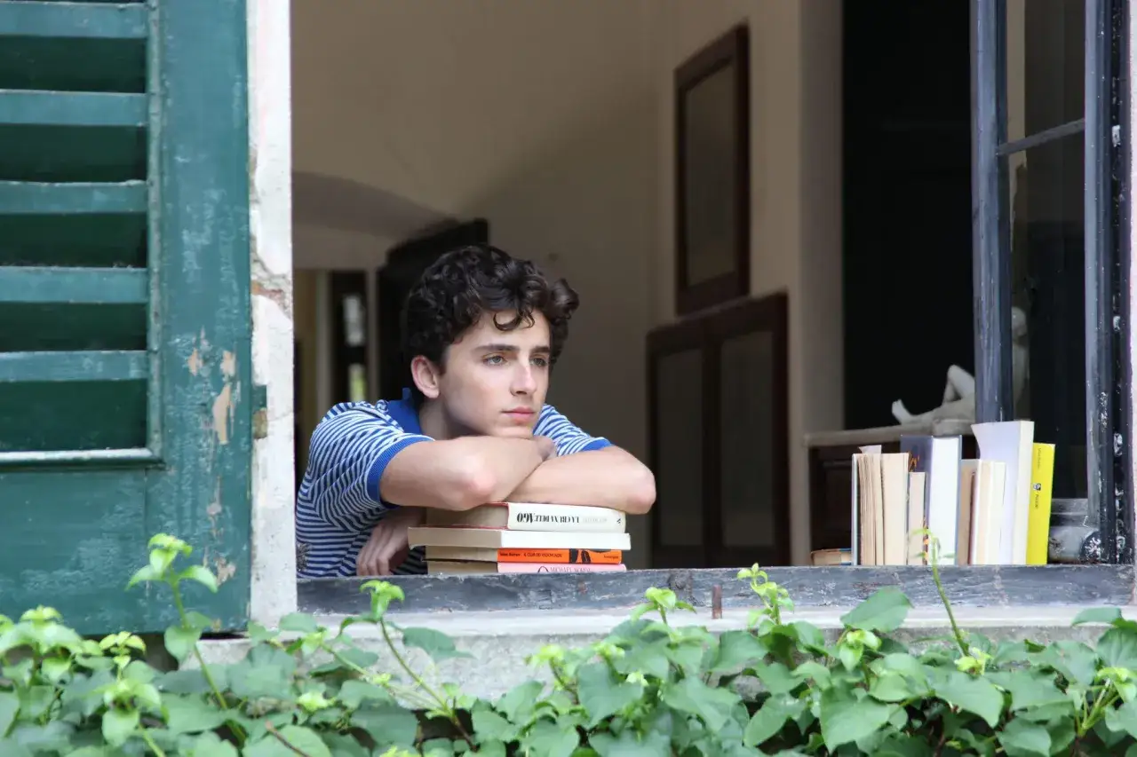 Timothée Chalamet w jednym z filmów, oparty o stos książek, zamyślony przy oknie.