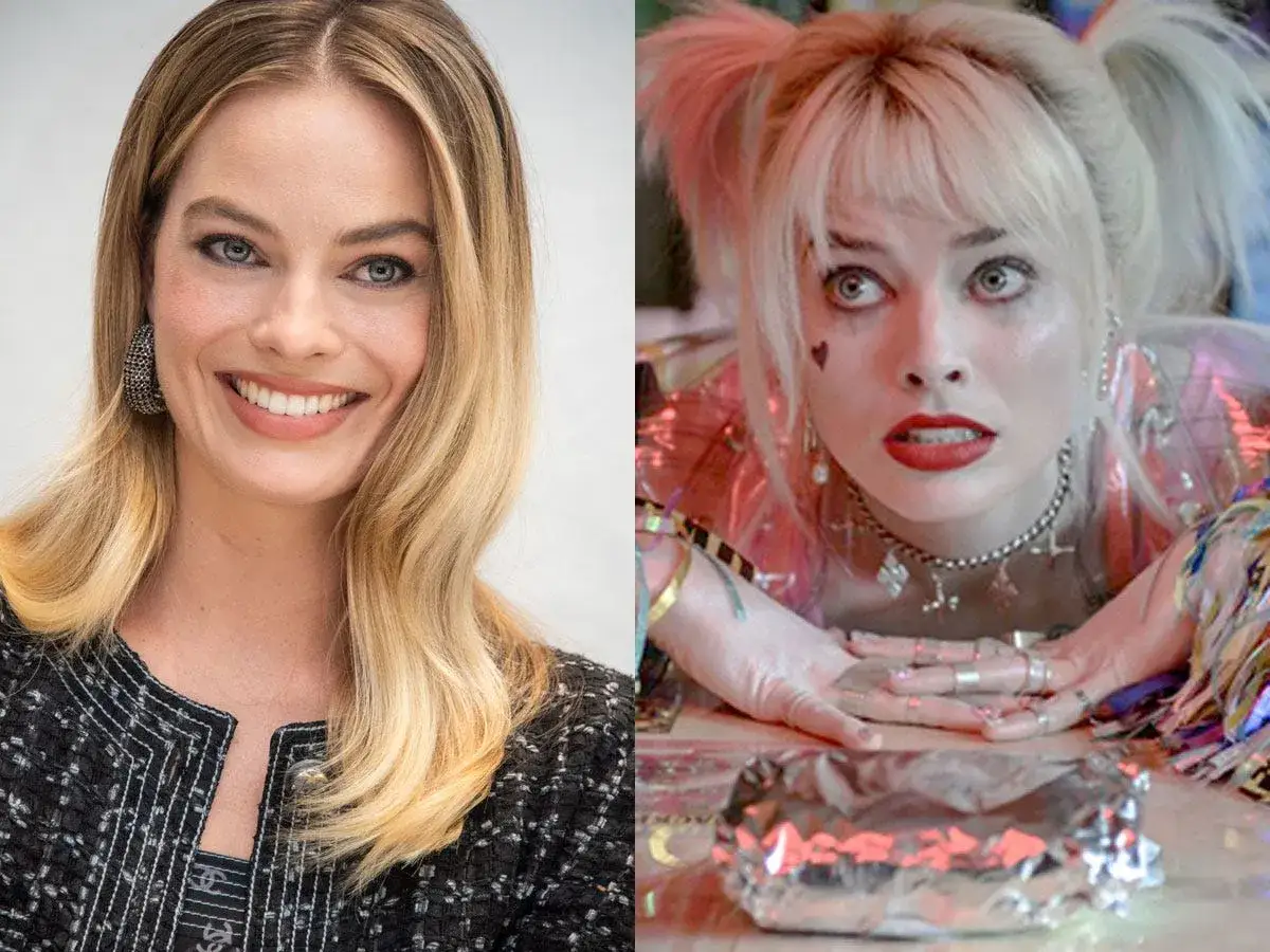 Margot Robbie jako Harley Quinn, dziewczyna Jokera, w dwóch odsłonach: uśmiechnięta i w filmowym wcieleniu.