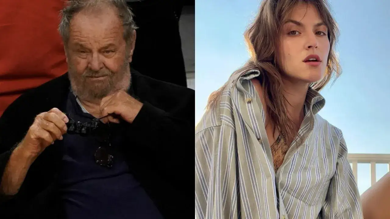 Jack Nicholson z okularami i młoda kobieta w paski. Czy to jego dzieci?