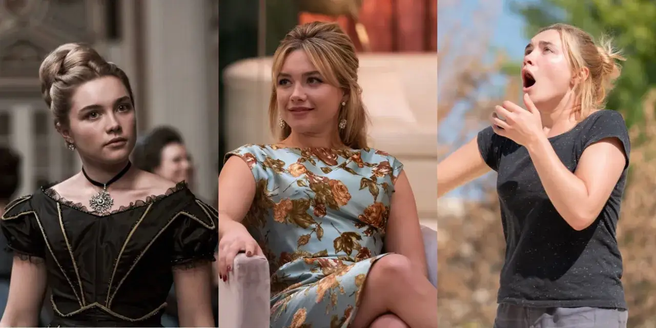 Trzy ujęcia Florence Pugh w filmach: w sukni balowej, kwiecistej kreacji i czarnej koszulce.