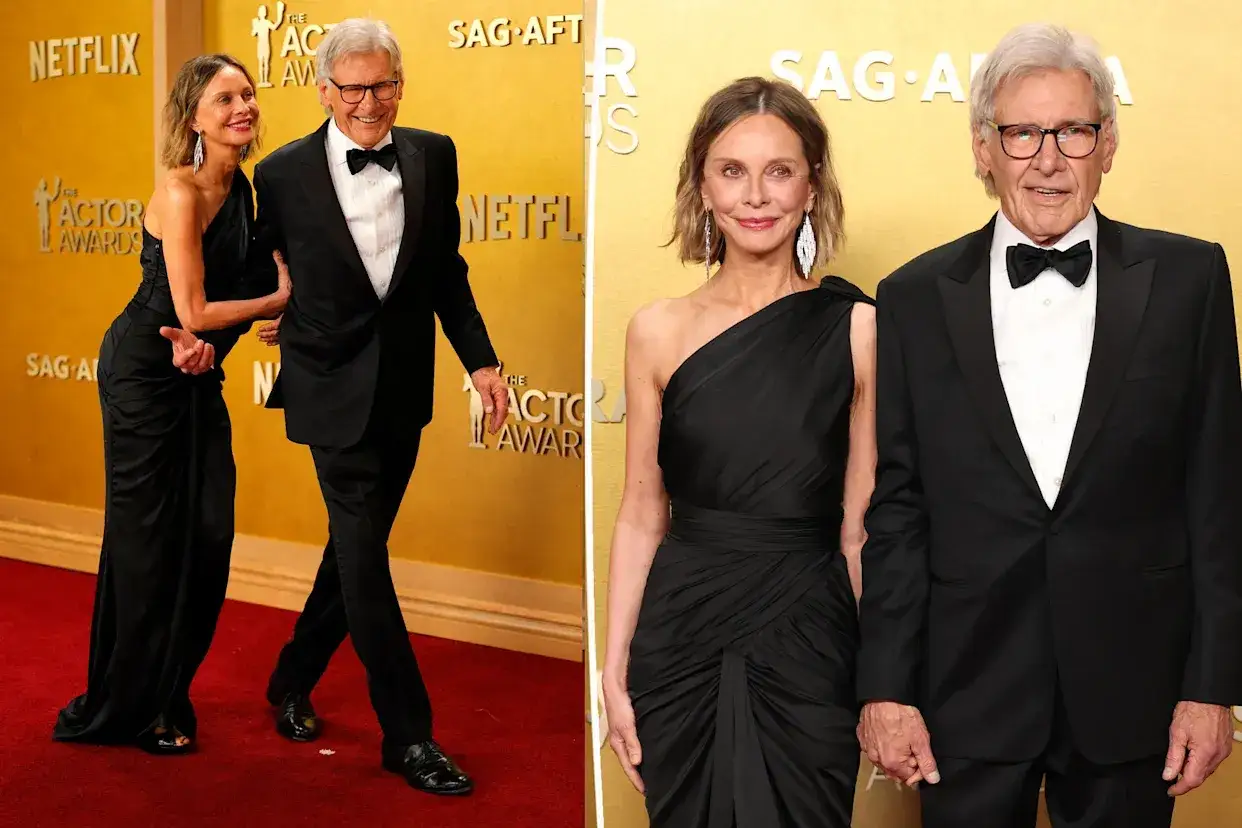 Harrison Ford i jego żona Calista Flockhart na czerwonym dywanie. Elegancka para w czerni.