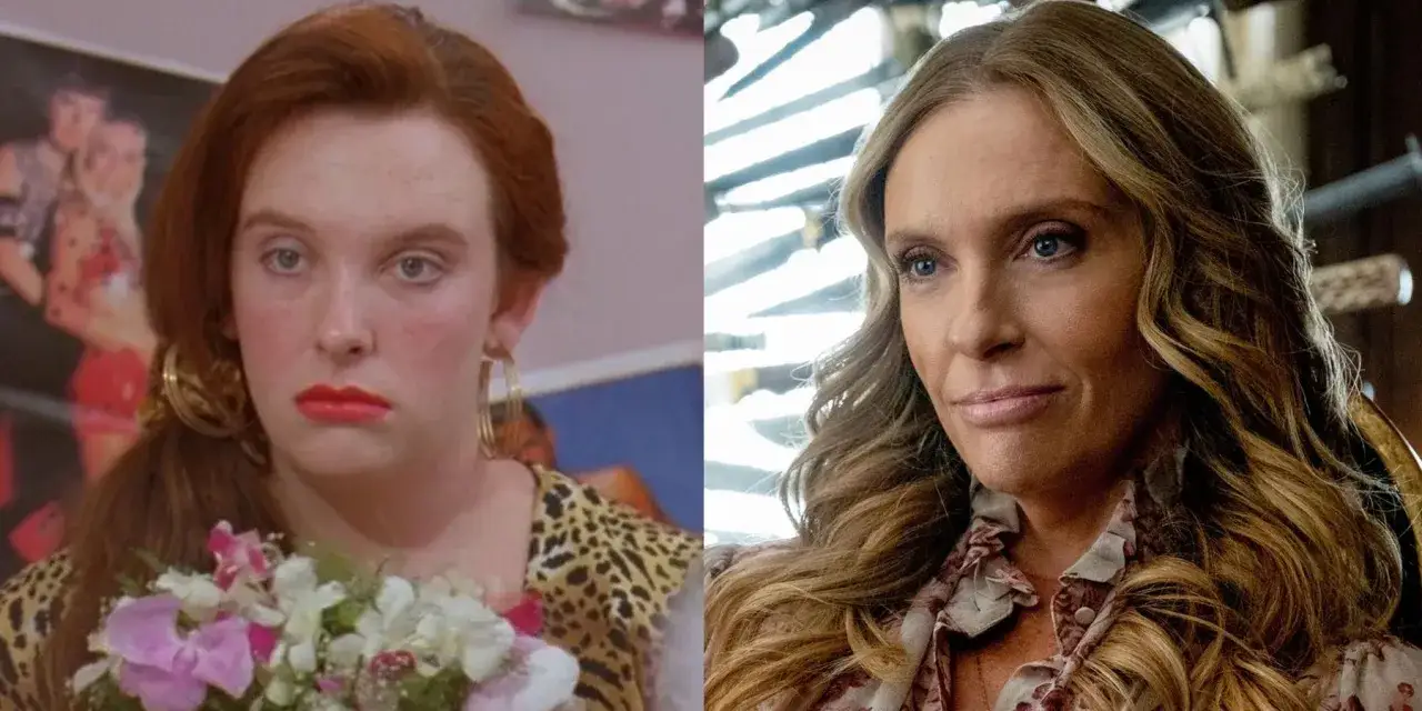 Toni Collette w filmach i serialach: młoda z bukietem i dojrzała z burzą blond włosów.