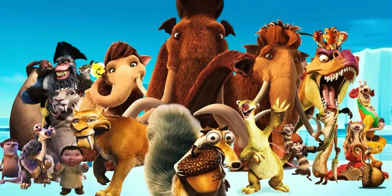 Wesołe epoka lodowcowa postacie: Manny, Sid, Diego, Ellie, Crash, Eddie, Buck, Scrat i inne zwierzęta z filmu.
