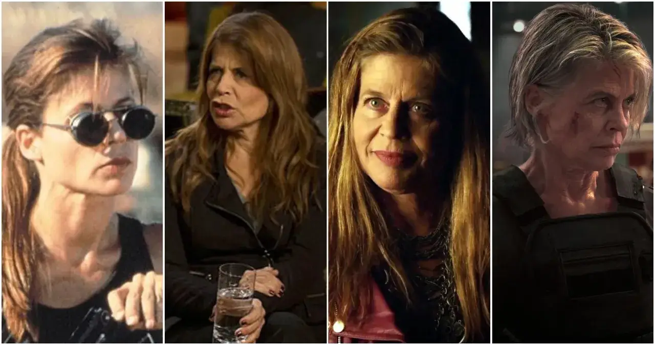 Linda Hamilton w różnych rolach filmowych i serialowych. Od młodej Sary Connor po dojrzałą wojowniczkę.