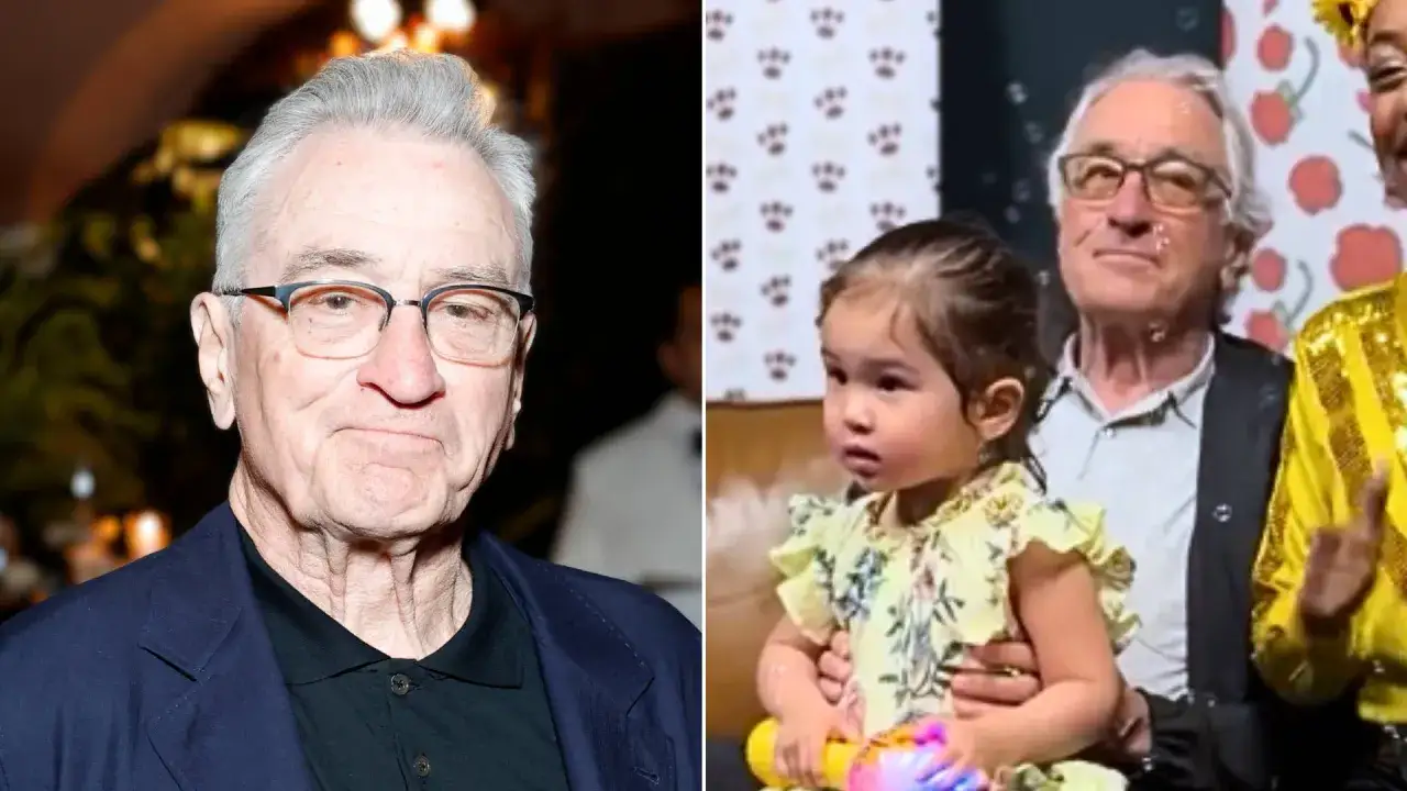 Robert De Niro z dziećmi, w tym z małą dziewczynką na rękach, wesoło spędza czas.
