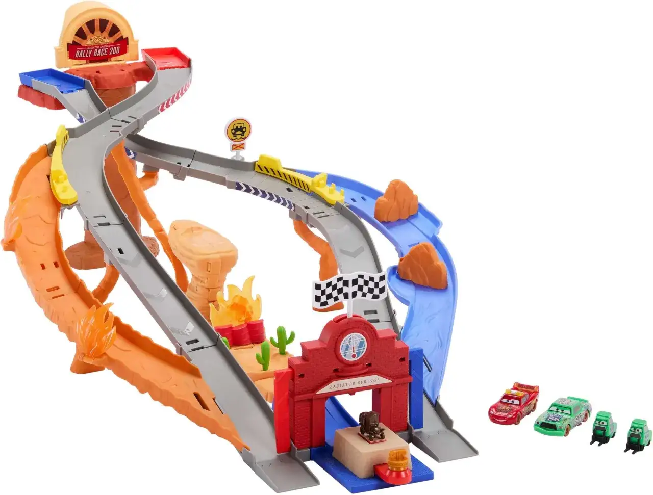 Tor wyścigowy z Radiator Springs, inspirowany filmem Auta 4, z płomieniami, kaktusami i małymi autkami.