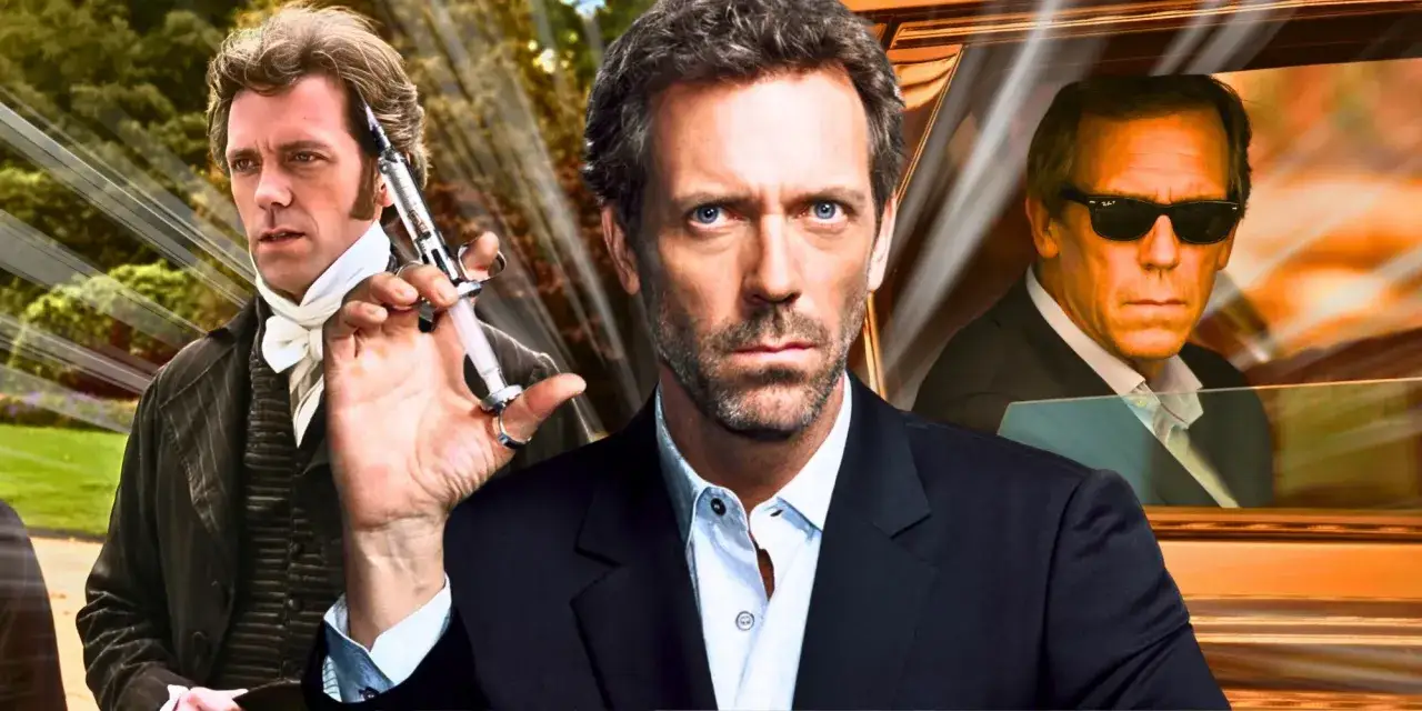 Hugh Laurie w filmach, serialach i programach. Trzy wcielenia aktora: lekarz z XIX wieku, dr House i mężczyzna w okularach przeciwsłonecznych.