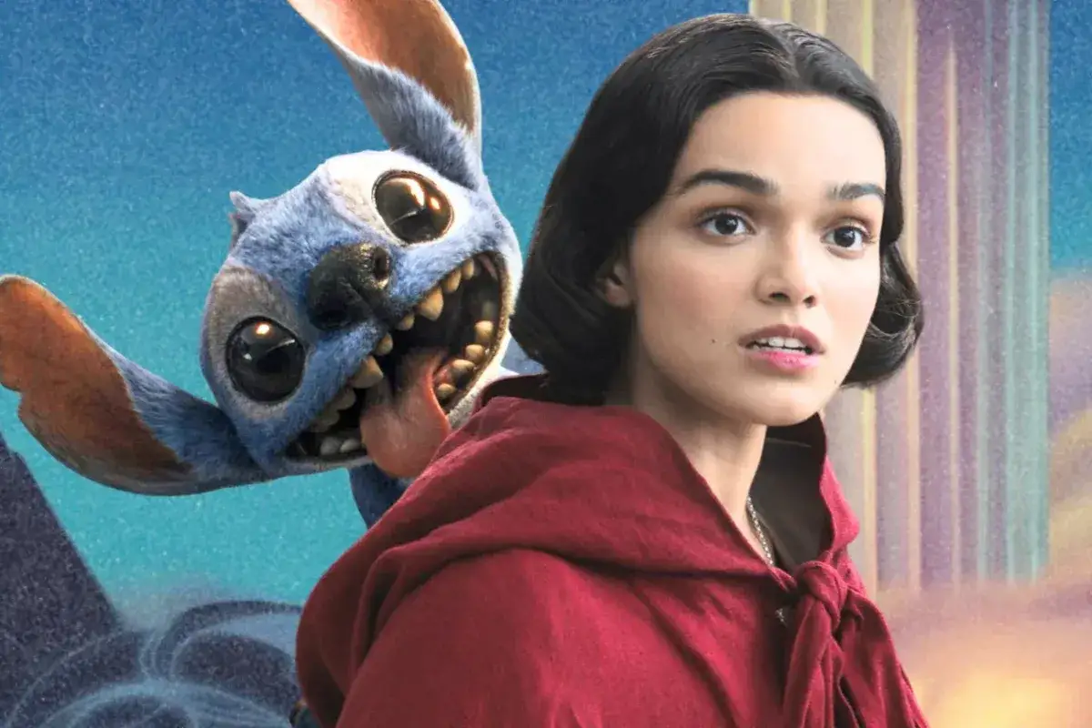 Lilo i Stitch, bohaterowie znanych filmów Disneya, w nowej odsłonie. Niebieski kosmita z wywieszonym językiem i dziewczyna w czerwonym kapturze.