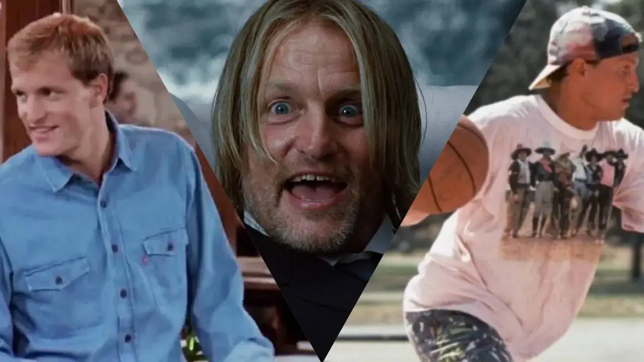 Kolaż scen z filmów i seriali z Woodym Harrelsonem. Widać go w niebieskiej koszuli, z szalonym wyrazem twarzy i podczas gry w koszykówkę.