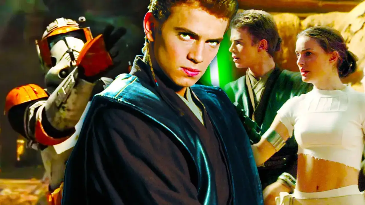Młody jedi Anakin Skywalker, Padmé Amidala i żołnierz klonów w pomarańczowej zbroi.