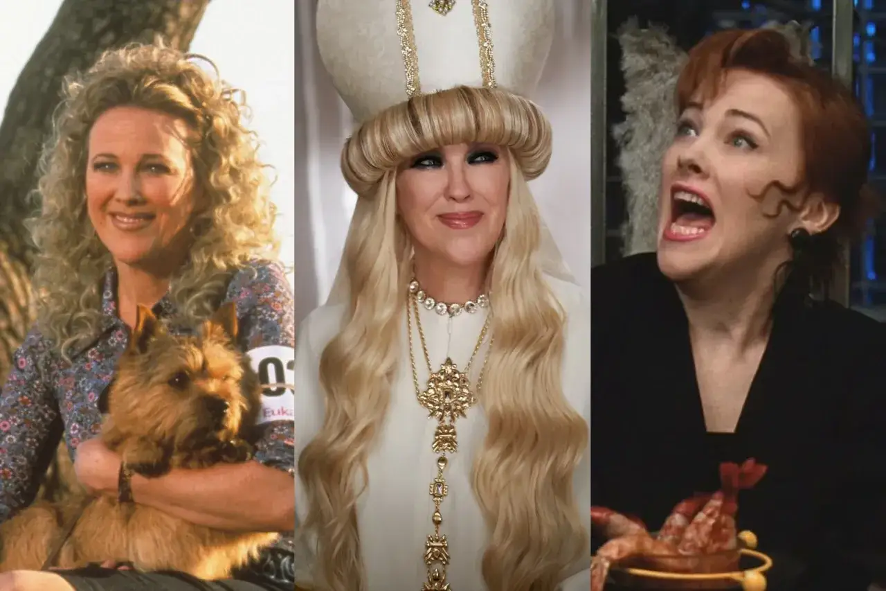 Catherine O'Hara w filmach, serialach i programach: urocza z psem, w ekstrawaganckiej kreacji i z przerażoną miną.