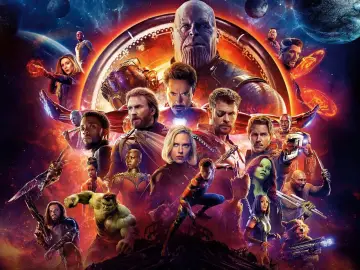 Plakat z filmów Marvel: Thanos, Iron Man, Kapitan Ameryka, Thor, Hulk i inni bohaterowie walczą o przyszłość wszechświata.