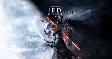 Młody jedi Cal Kestis z mieczem świetlnym walczy z Inkwizytorami.