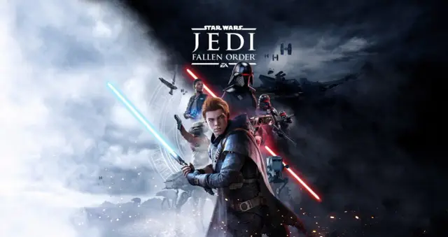 Młody jedi Cal Kestis z mieczem świetlnym walczy z Inkwizytorami.