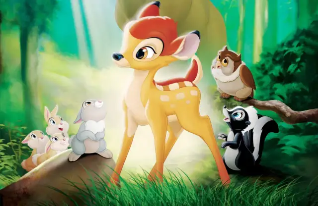 Bambi, urocza bajka o przyjaźni. Bambi, zając, skunks i sowa w leśnej scenerii.