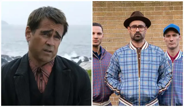 Colin Farrell w filmach: zamyślony na tle morza i w stylowej kurtce w kratę z kolegami.