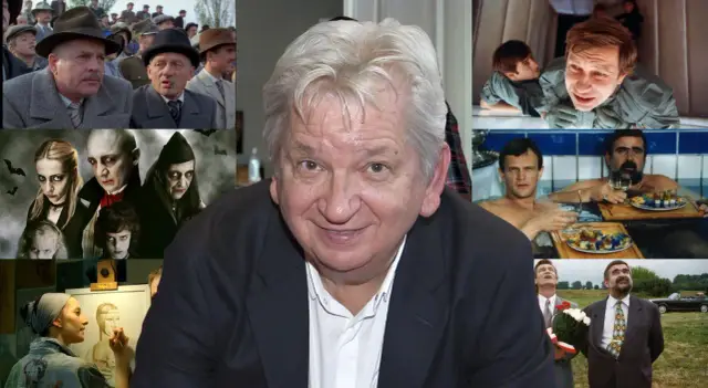 Portret Juliusza Machulskiego otoczony kadr z jego filmów: wampiry, mężczyźni w wannie, sceny z "Seksmisji" i inne.